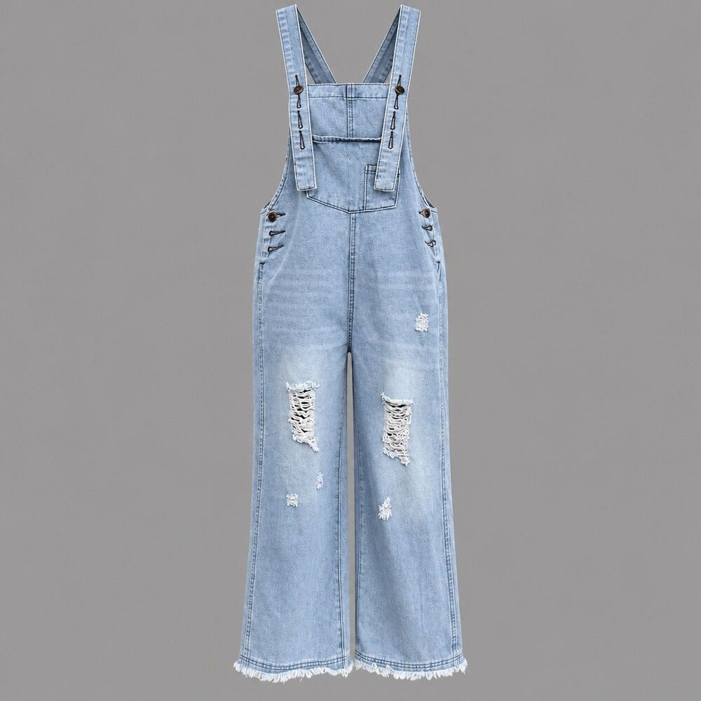 Denim Overalls Womens Large Distressed Light Wash Wide Leg Bib Jumpsuit Romper